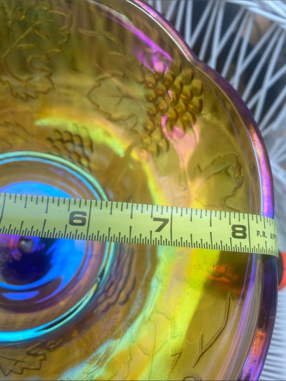 Vintage Amber Iridescent Gold
Carnival Indiana Glass Harvest
Pedestal Bowl - Picture 15 of 16